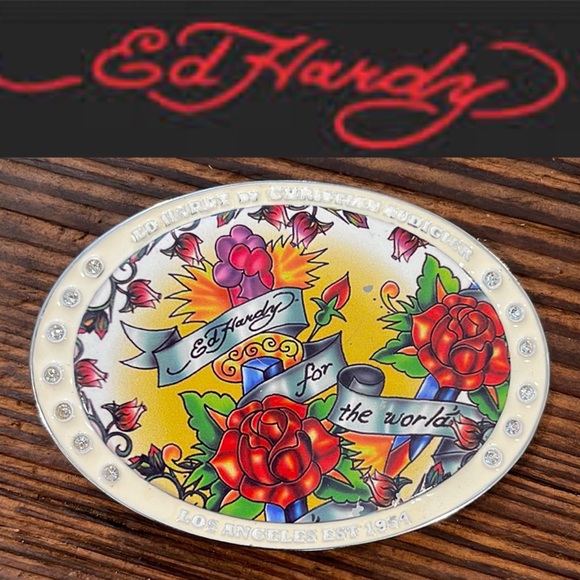 ED HARDY CHRISTIAN AUDIGIER VINTAGE RHINESTONE ROSE BELT BUCKLE
